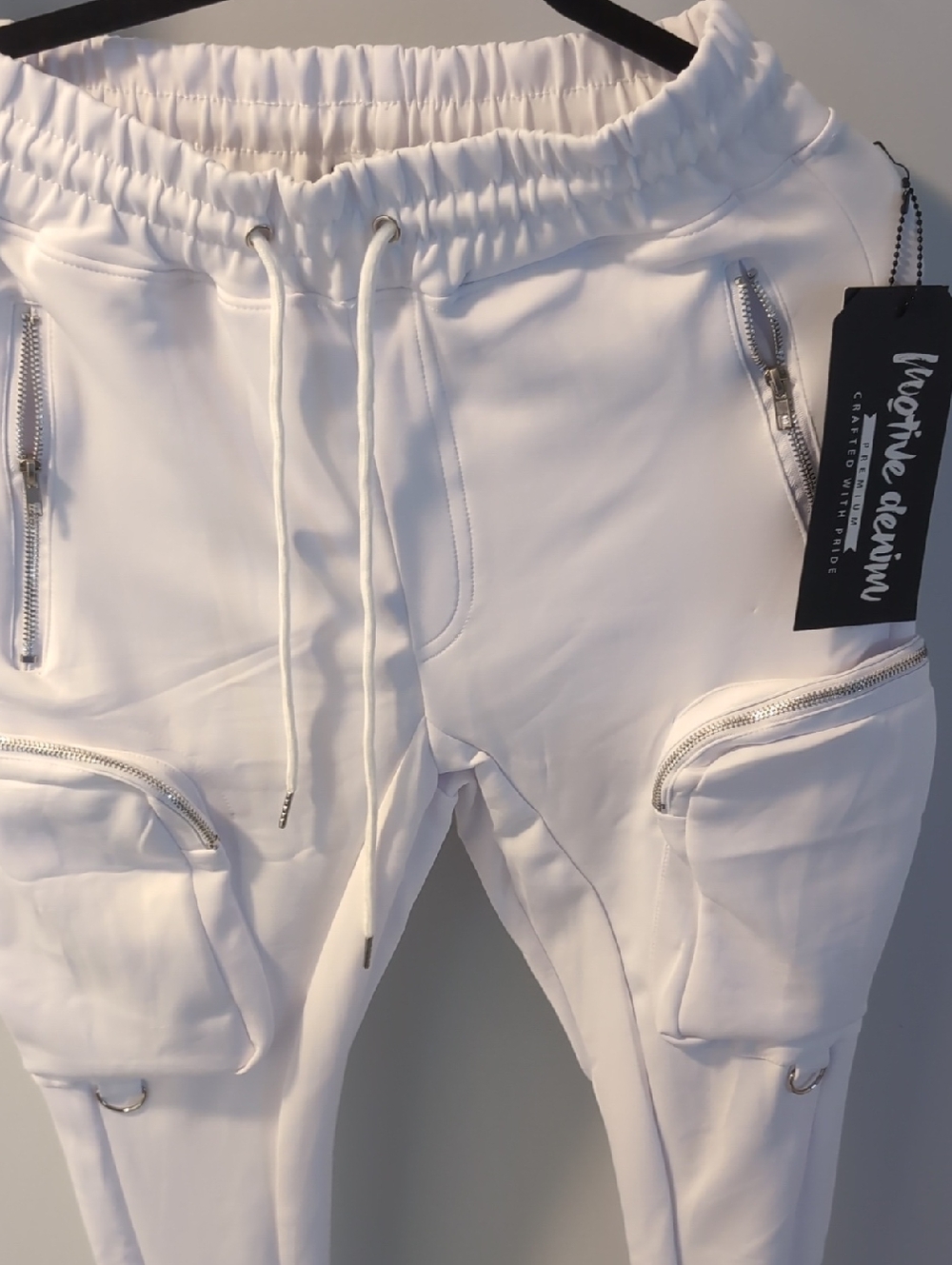 Motive Denim White Cargo Jogger Pants with Zippered Pockets